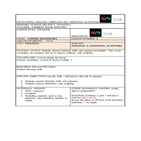Dear lesson plan feelings 2 | DOCX