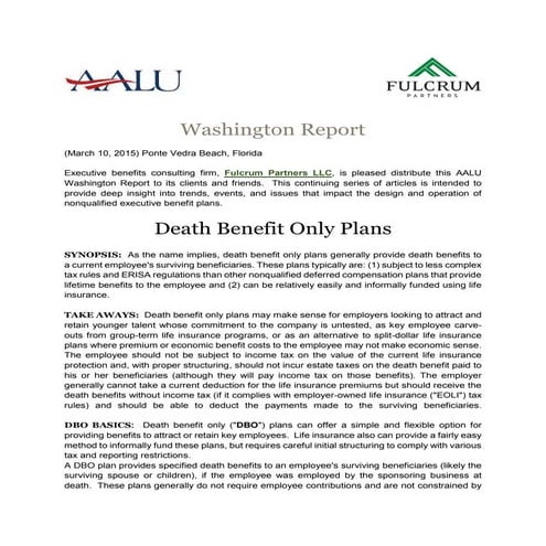 AALU Washington Report: Death Benefit Only Plans - Fulcrum Partners LLC
