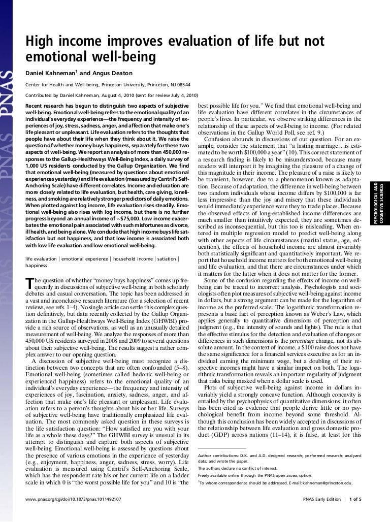 High Income Improves Evaluation Of Life But Not Emotional Well Being