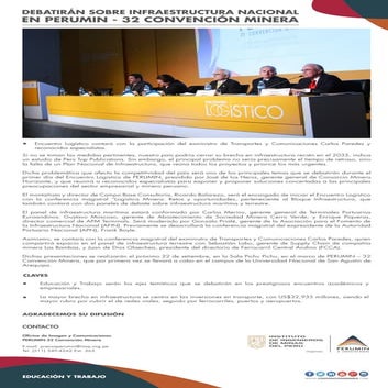 Debatirán sobre Infraestructura Nacional en PERUMIN - 32 Convencion Minera