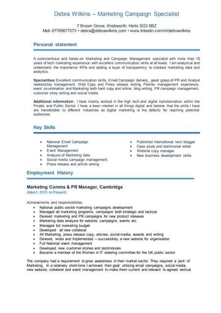 Debra Wilkins  marketing CV 7th July  2016