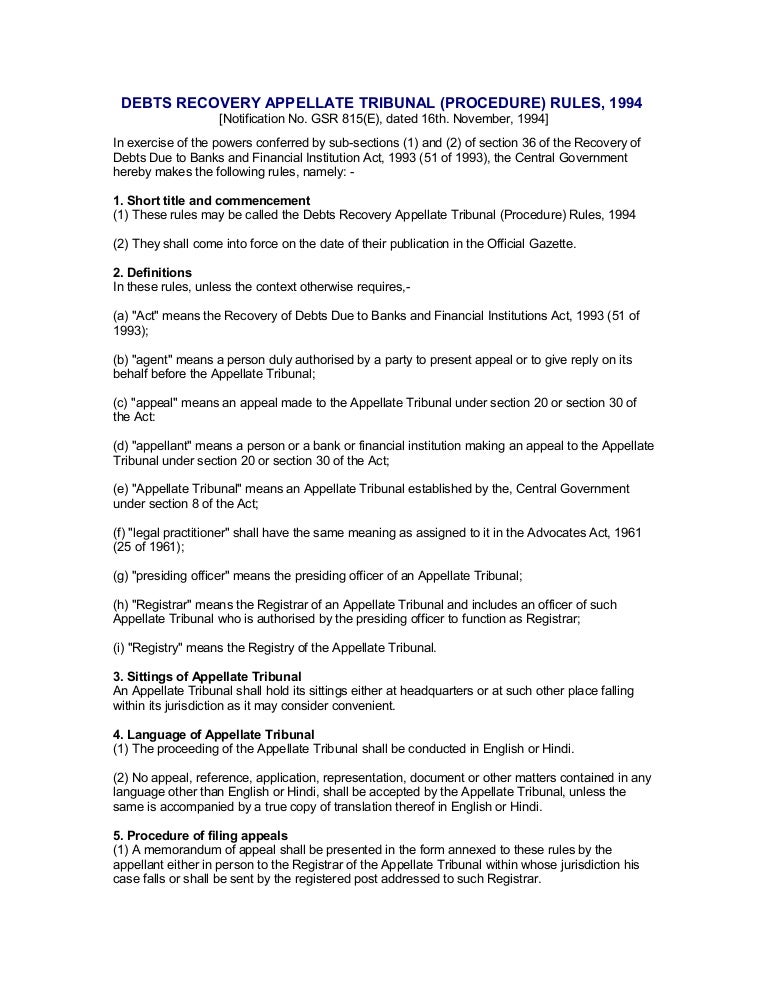 Debts recovery appellate tribunal (procedure) rules, 1994