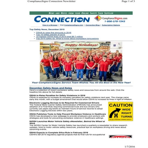 December 2015 ComplianceSigns Connection Workplace Safety Newsletter