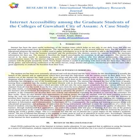 Internet Accessibility among the Graduate Students of the Colleges of Guwahati City of Assam: A Case Study