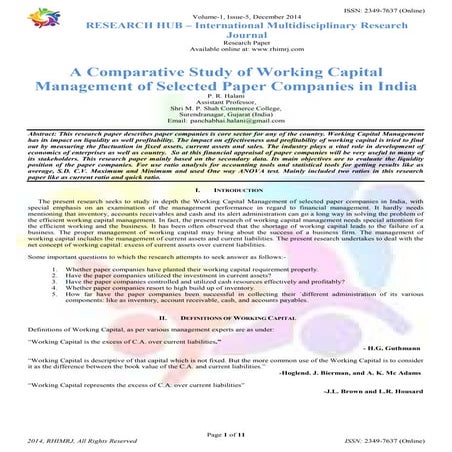 A Comparative Study of Working Capital Management of Selected Paper Companies in India