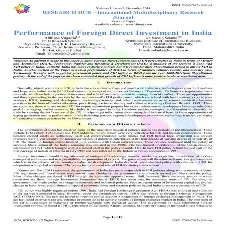 Performance of Foreign Direct Investment in India