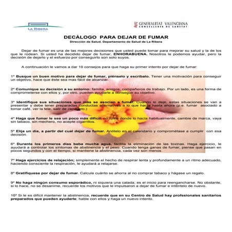 Decalogo  para dejar de fumar de l departamento de la ribera