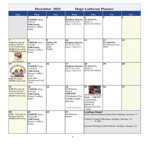 December 2025 Calendar of Events Hope Lutheran Church Floodwood MN