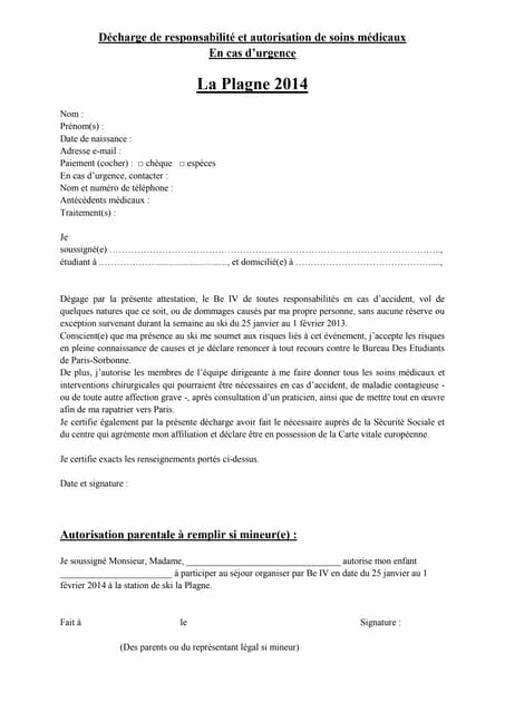 Decharge De Responsabilite Et Autorisation De Soins Medicaux