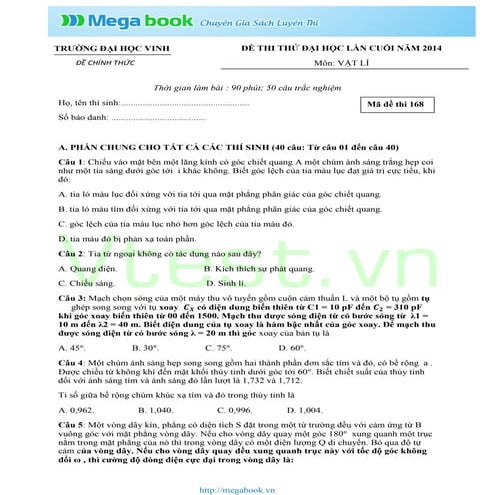 Đề thi thử ĐH môn Vật lý lần cuối (2014) trường ĐH Vinh - Megabook.vn 