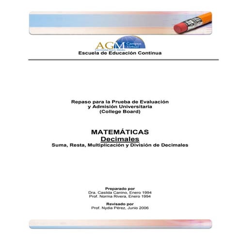 Decimales: Suma, Resta, Multiplicación y División de Decimales