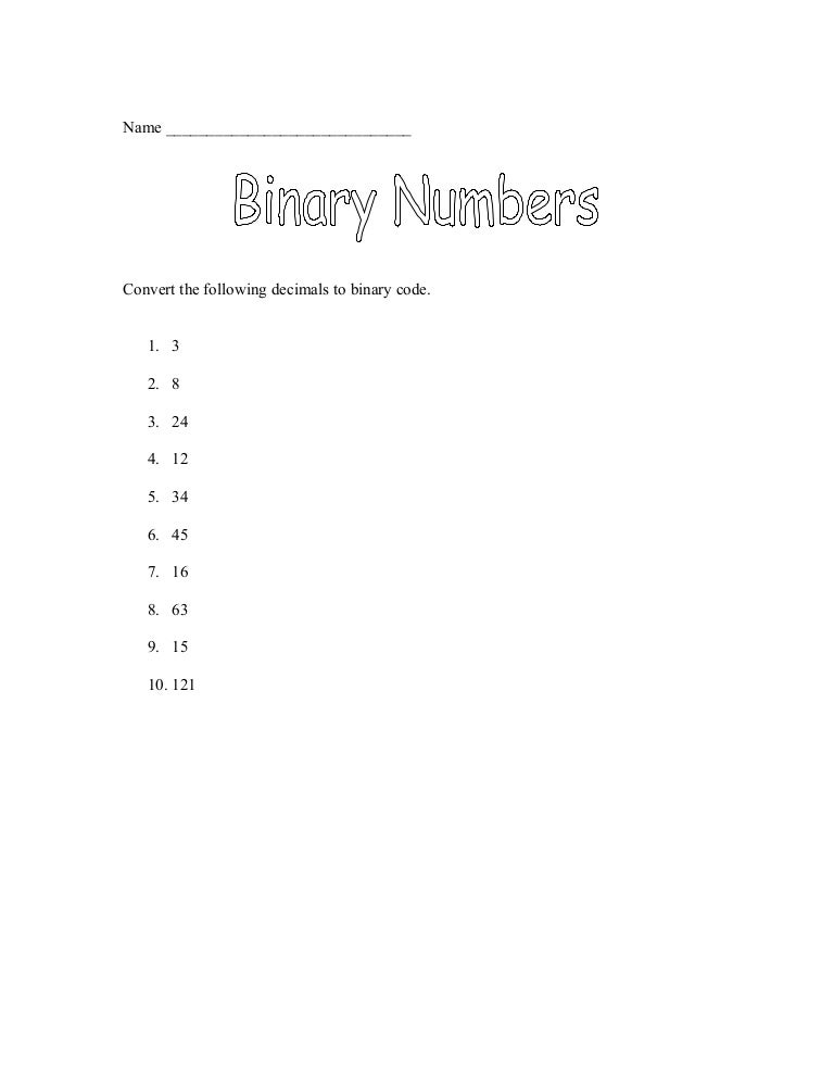Decimal to binary worksheet