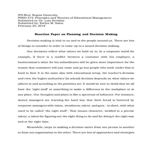 Decision making reaction paper | DOCX