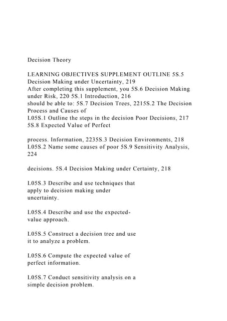 Decision Theory LEARNING OBJECTIVES SUPPLEMENT OUTLINE 5S..docx