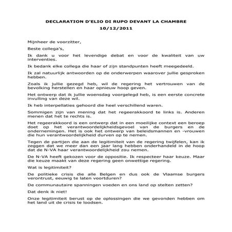 La déclaration d'Elio Di Rupo devant la Chambre