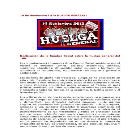 Declaración de la cumbre social sobre la huelga general del 14 n