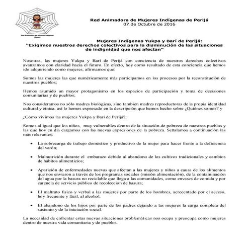 Declaración de la red animadora de mujeres  indígena