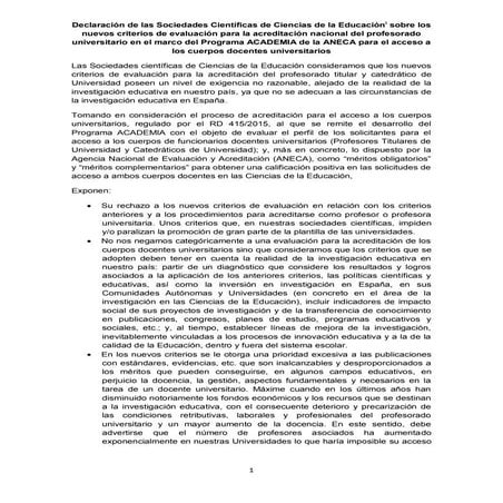 Declaración  de las áreas de educación sobre los nuevos criterios de la aneca