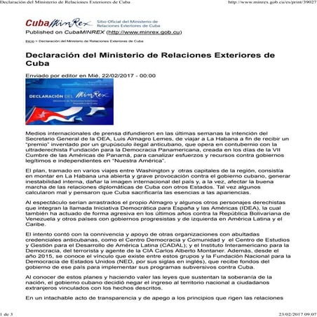 Declaración del Ministerio de Relaciones Exteriores de Cuba