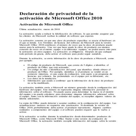 Declaración de privacidad de la activación de Microsoft Office 2010