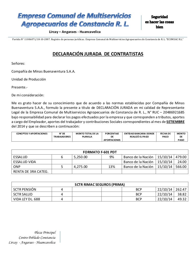 Declaración jurada setiembre