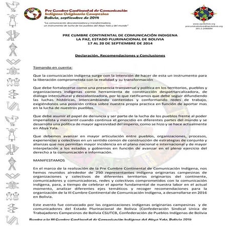 Declaración Precumbre Continental de Comunicación Indígena - Bolivia 2014
