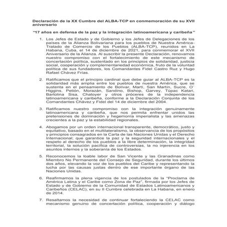 Declaración de la XX Cumbre del ALBA-TCP, «17 años en defensa de la paz y la ...