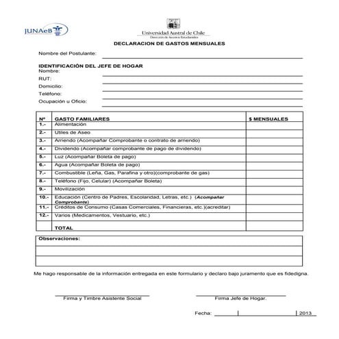 Declaracion de gastos mensuales | PDF