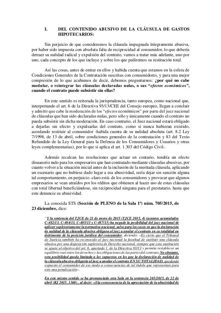 Declaracion De Nulidad De La Clausula De Gastos Hipoptecarios Y Conse