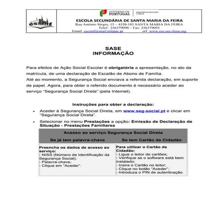 Informação sobre declaração segurança social