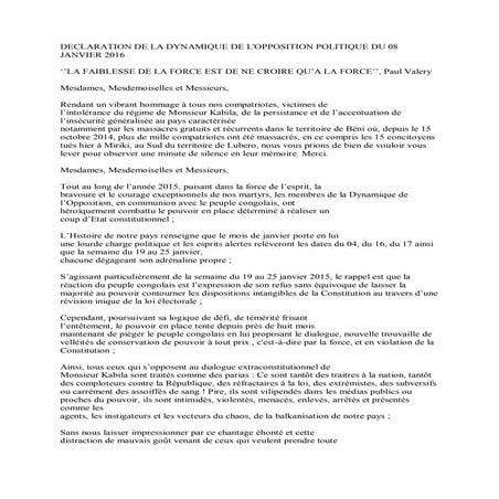 Declaration de la dynamique de l opposition politique du 8 janvier 2016