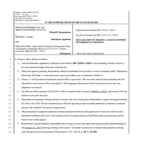 DECLARATION OF JEREMY L. BASS IN SUPPORT OF EMERGENCY MOTIONS | PDF