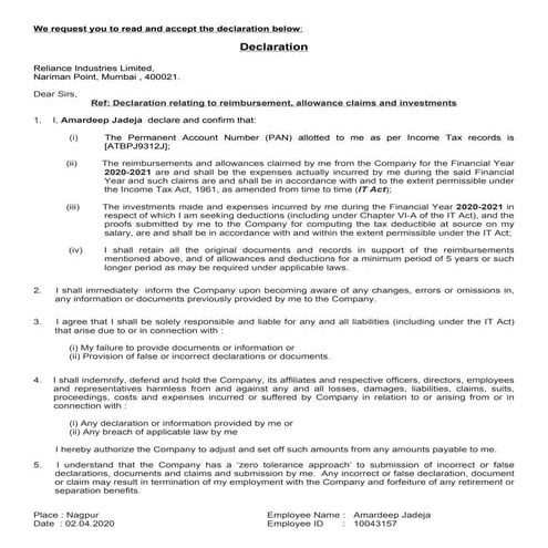 Declaration remburishment