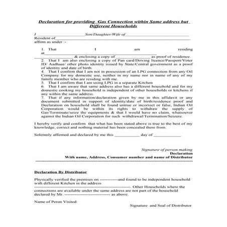Declaration same address_different_house_hold Indane Gas Connection