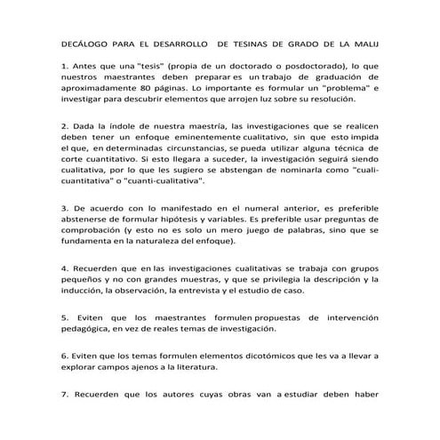 Decálogo para el desarrollo de  tesinas de grado de la malij
