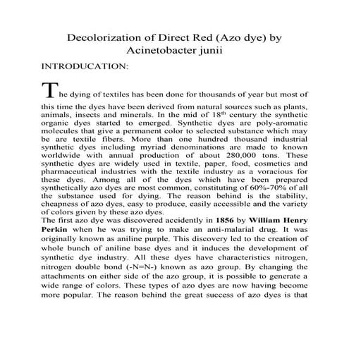 Decoloration of Industrial Azodyes using Bacteria Acinetobacter junii