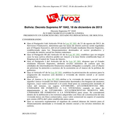 Decreto Supremo Nº 1842 que regula tasas de interés de créditos para ...