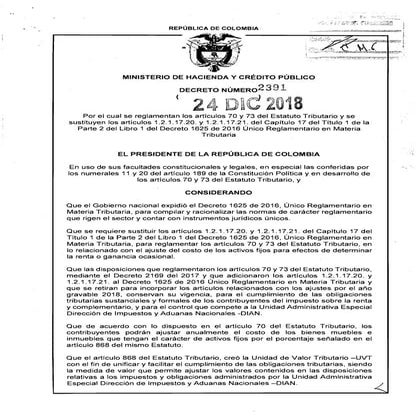 Decreto 2391 del 24 de diciembre de 2018 ajuste activos y acciones