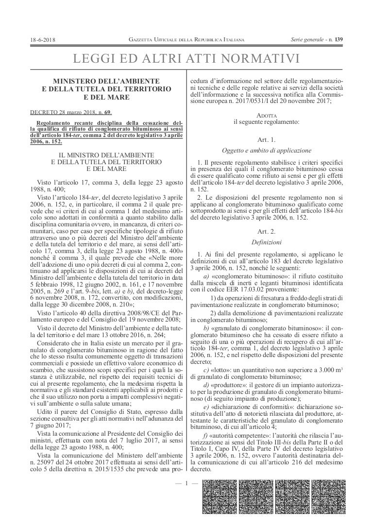 Decreto 69 2018 fresato d'asfalto
