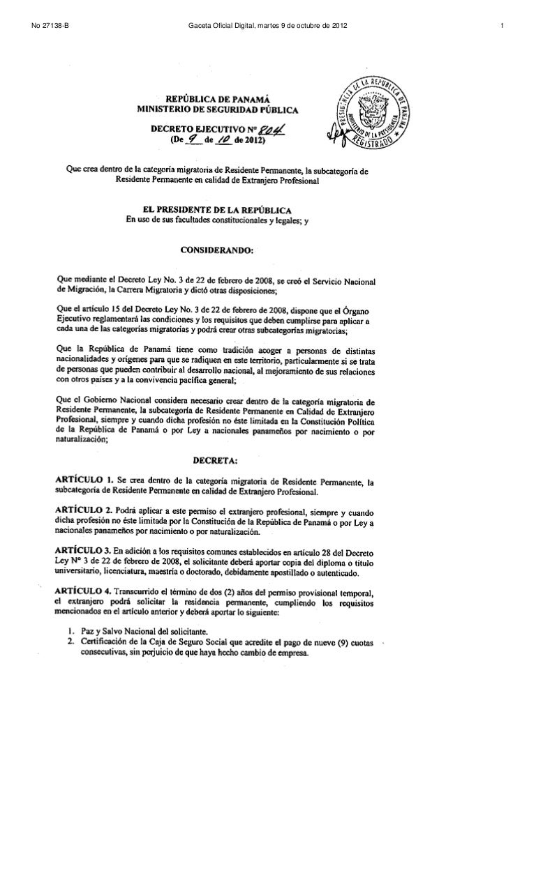 Decreto Ejecutivo N° 804 (de 09 de octubre de 2012)