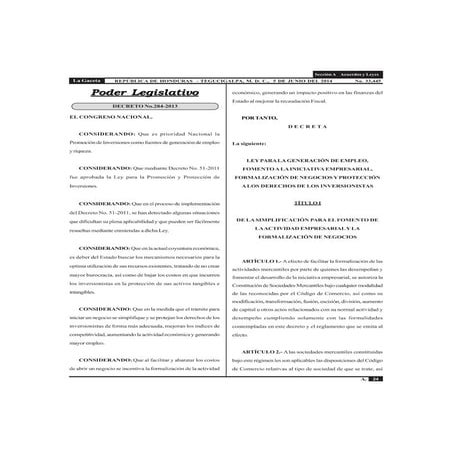 Decreto 284-2013 HONDURAS Ley para la Generación de Empleo, Fomento a la Inic...