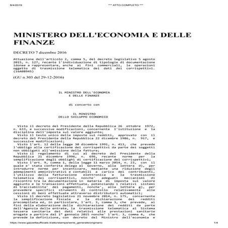 Decreto mef mise 07 dicembre 2016 registratori telematici