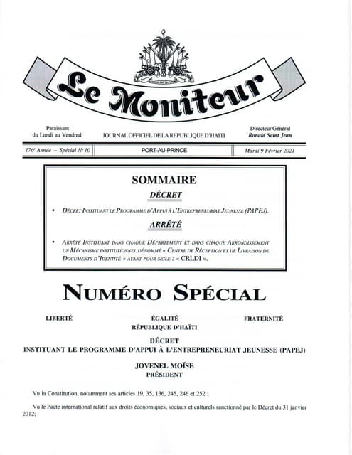 Décret institutionnalisant le programme d’appui à l’entrepreneuriat jeunesse ...