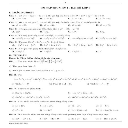 Đề cương ôn tập giữa kì 1 toán 8 năm học 2023 - 2024