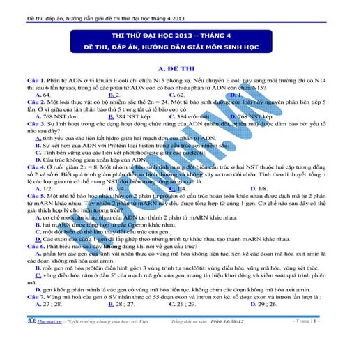 Đề thi thử đại học môn Sinh học 2013 - Tháng 4 - Hocmai.vn