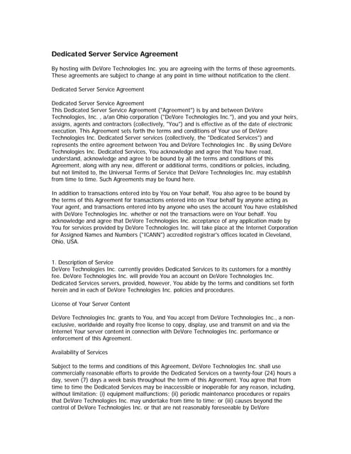 Dedicated Server Service Agreement