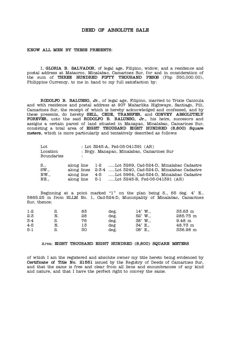 deed of absolute sale sample 1 deed of sale sample