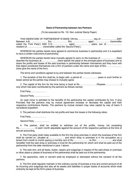 Deed of partnership between two partners