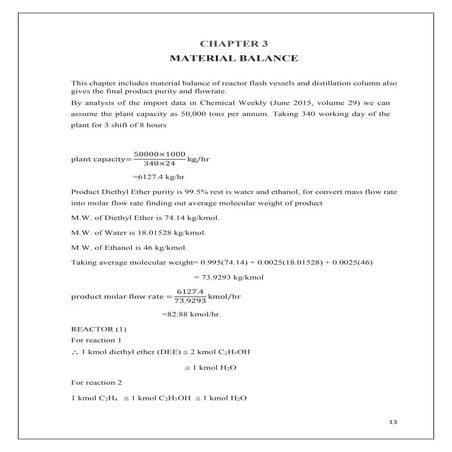 Diethyl Ether (DEE): Material balance