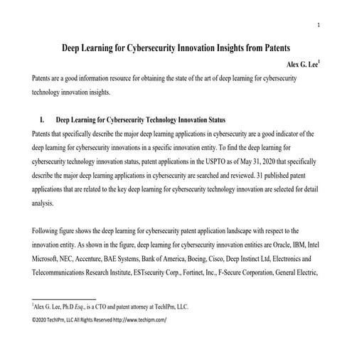 Deep Learning for Cybersecurity Innovation Insights from Patents